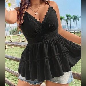 Boho Lace Trim Peplum Cami Tank Top Blouse Shirt Black